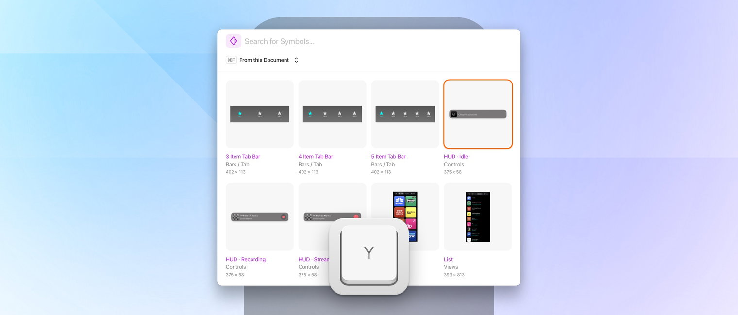 The Command Bar being opened by pressing the Y key. A 4 by 2 grid of Symbols appears, and the user uses the arrow keys to select the bottom right Symbol (a list of stations for an internet radio app). They press return, and the Symbol appears on the canvas. They then use the mouse to position the Symbol inside the frame of an iPhone.