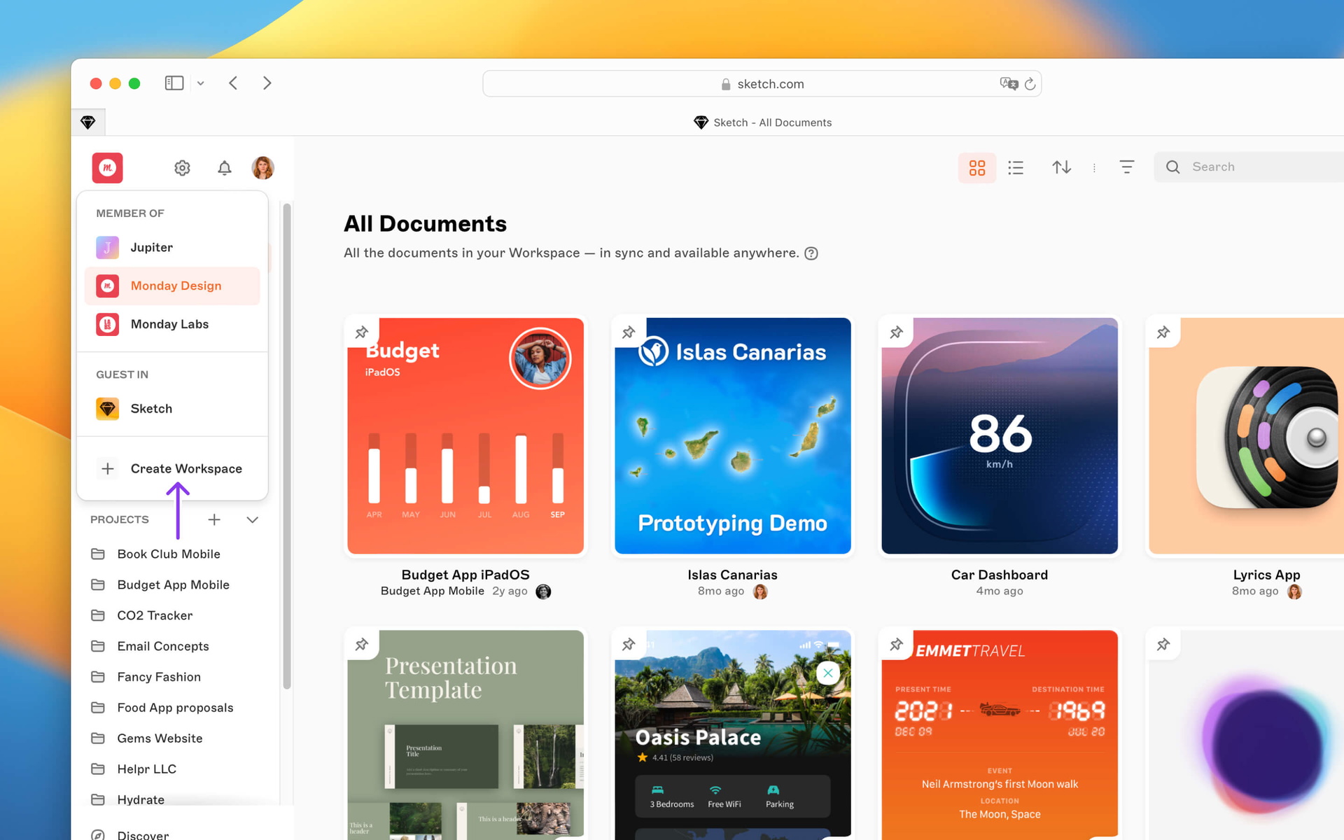 An image showing how to create a new Workspace with an existing Sketch account