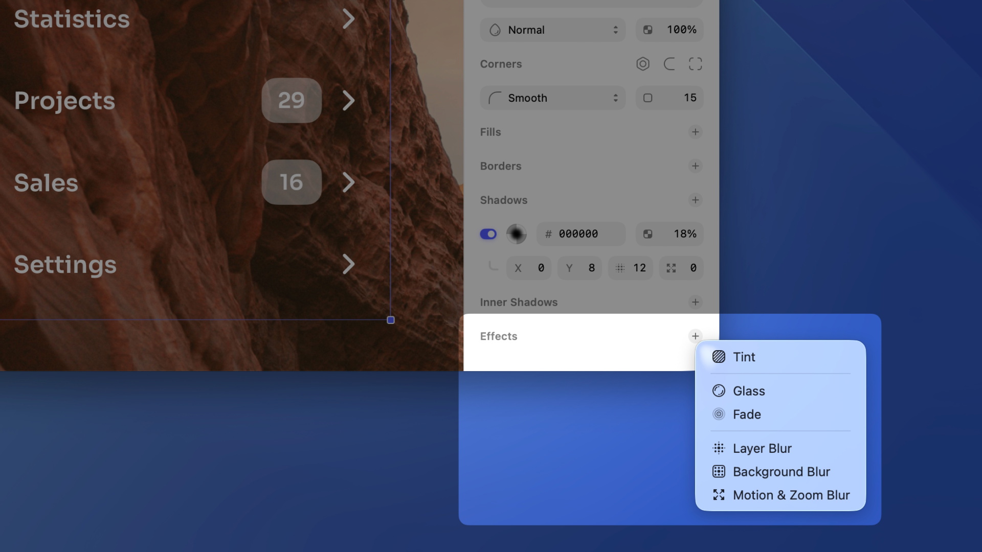 An image showing the add button next to Effects in the Inspector