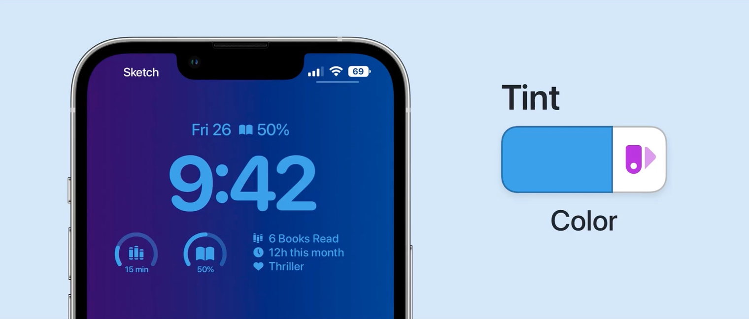 A video showing widgets on an iPhone home screen on the left and the Tint control from Sketch on the right. As the color in the Tint panel color changes, so does the background of the video, and the color of the widgets on the iPhone mockup.