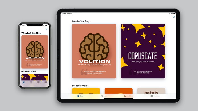 An image of an iPhone and an iPad on a grey background, each with the LookUp app on the screen