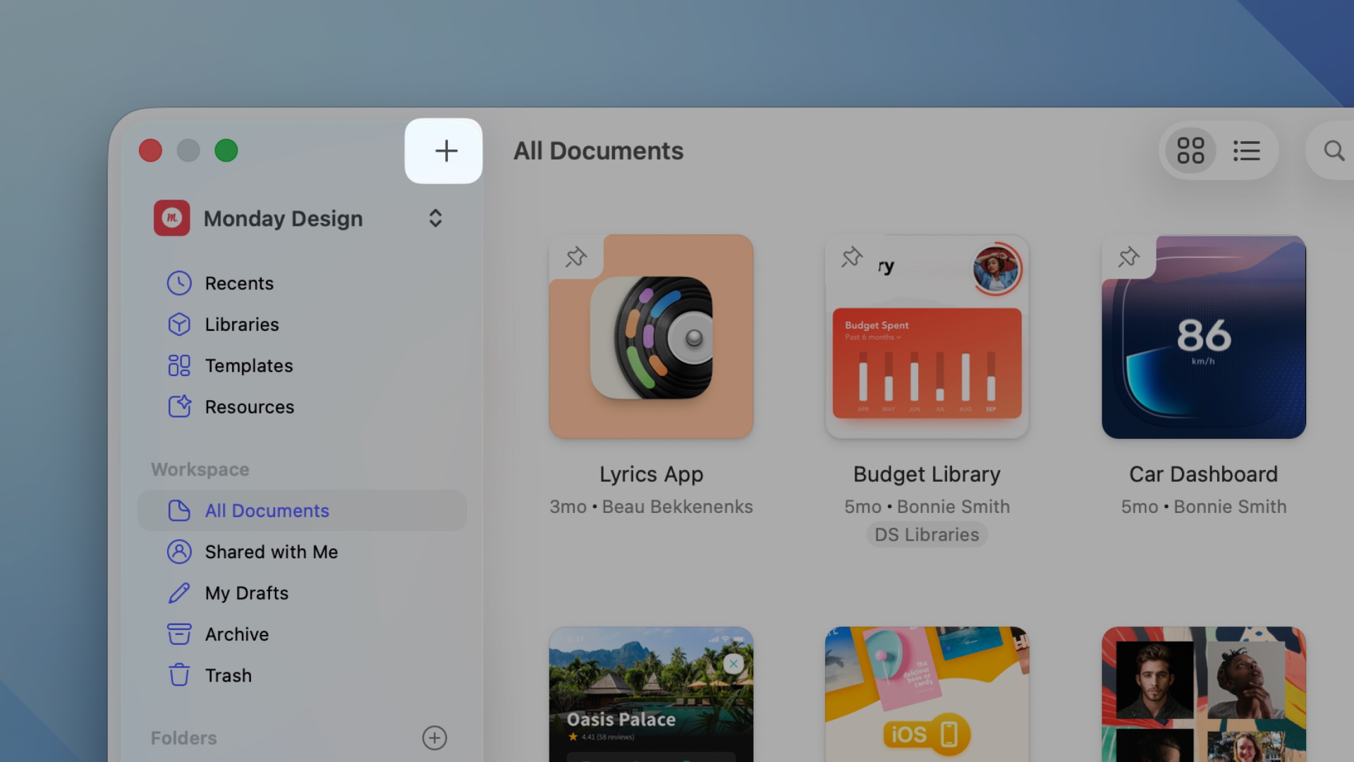 An image showing how to create new documents from Sketch’s Workspace window