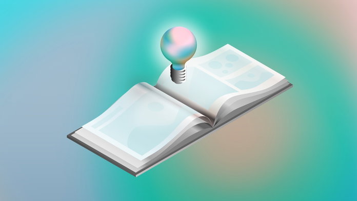 An illustrated image showing an open portfolio book with a lightbulb hovering above one page.
