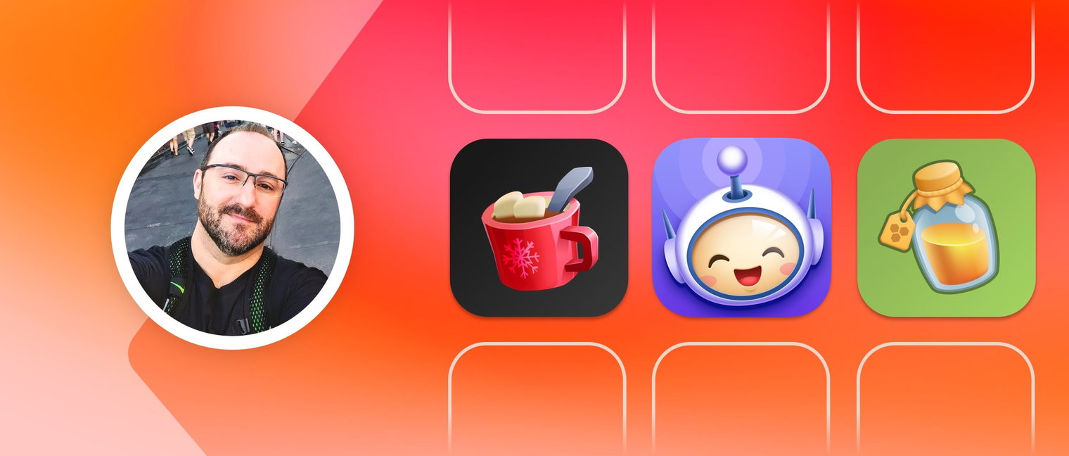 An image showing Rapha Lopes' face next to three of the icons he has designed