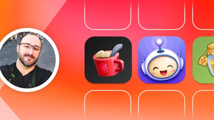 An image showing Rapha Lopes' face next to three of the icons he has designed