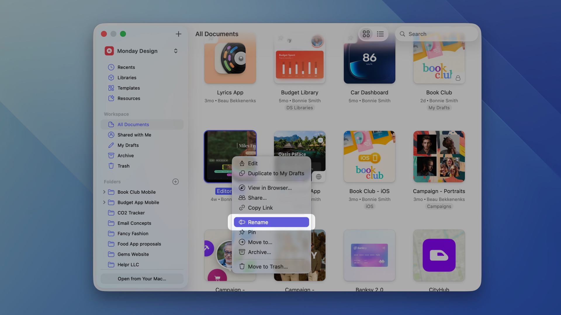 An image showing how to rename a Workspace document in the Mac app