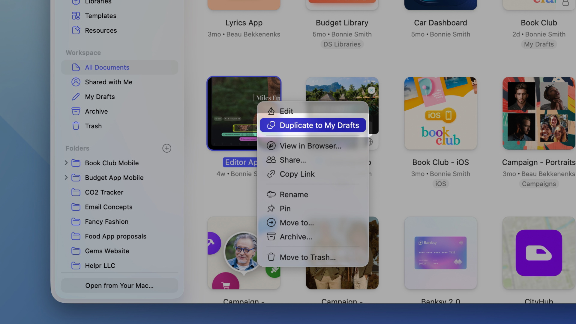 An image showing how to save a document to the My Drafts folder from the Mac app