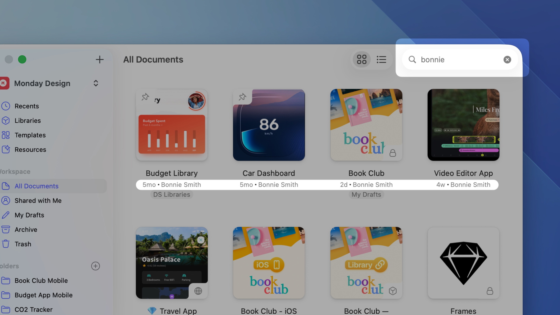 An image showing how to search by author of the latest update of a document in the Workspace window