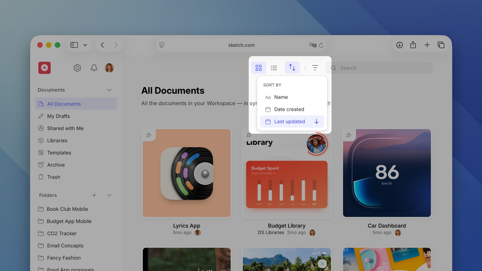 An image showing how to sort documents in the web app