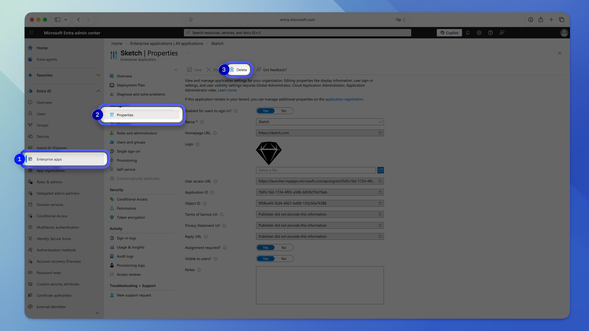 An image showing how to delete the Sketch gallery app in Microsoft Entra ID