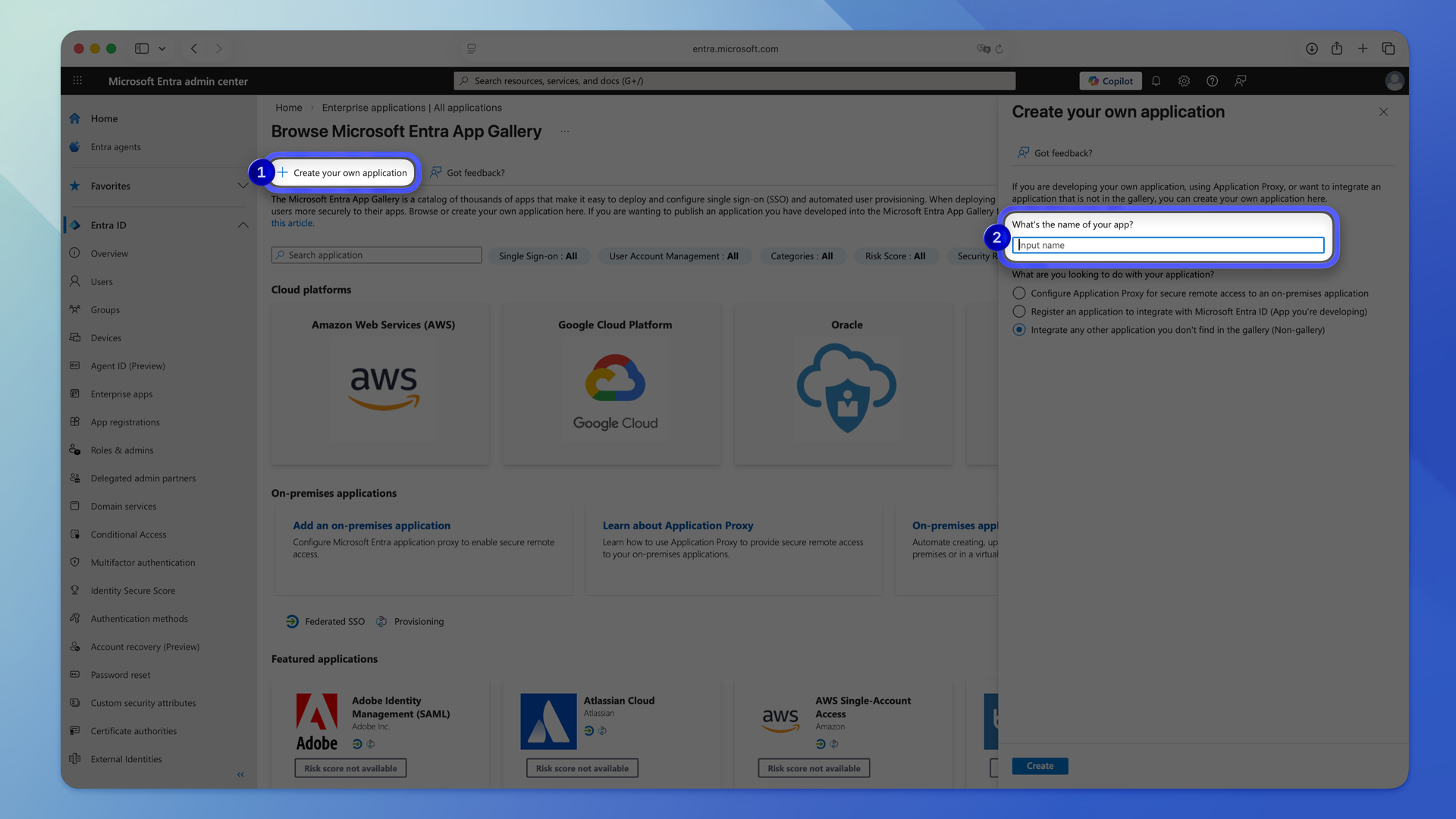 An image showing how to create a custom application in Microsoft Entra ID
