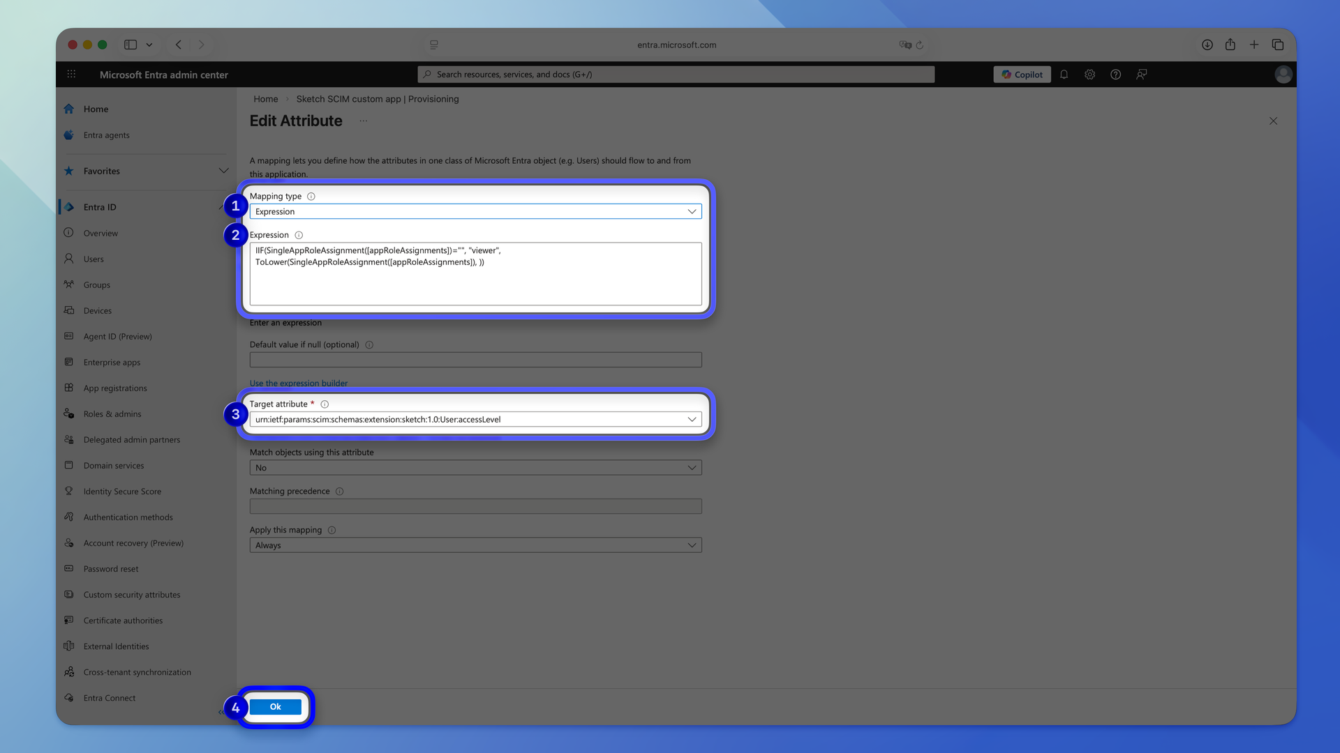 An image showing how to create the access level mapping in Microsoft Entra ID
