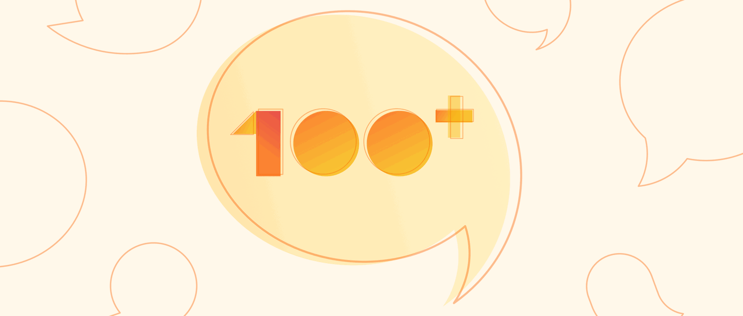 A header image showing an illustrated speech bubble with the text 100+ inside