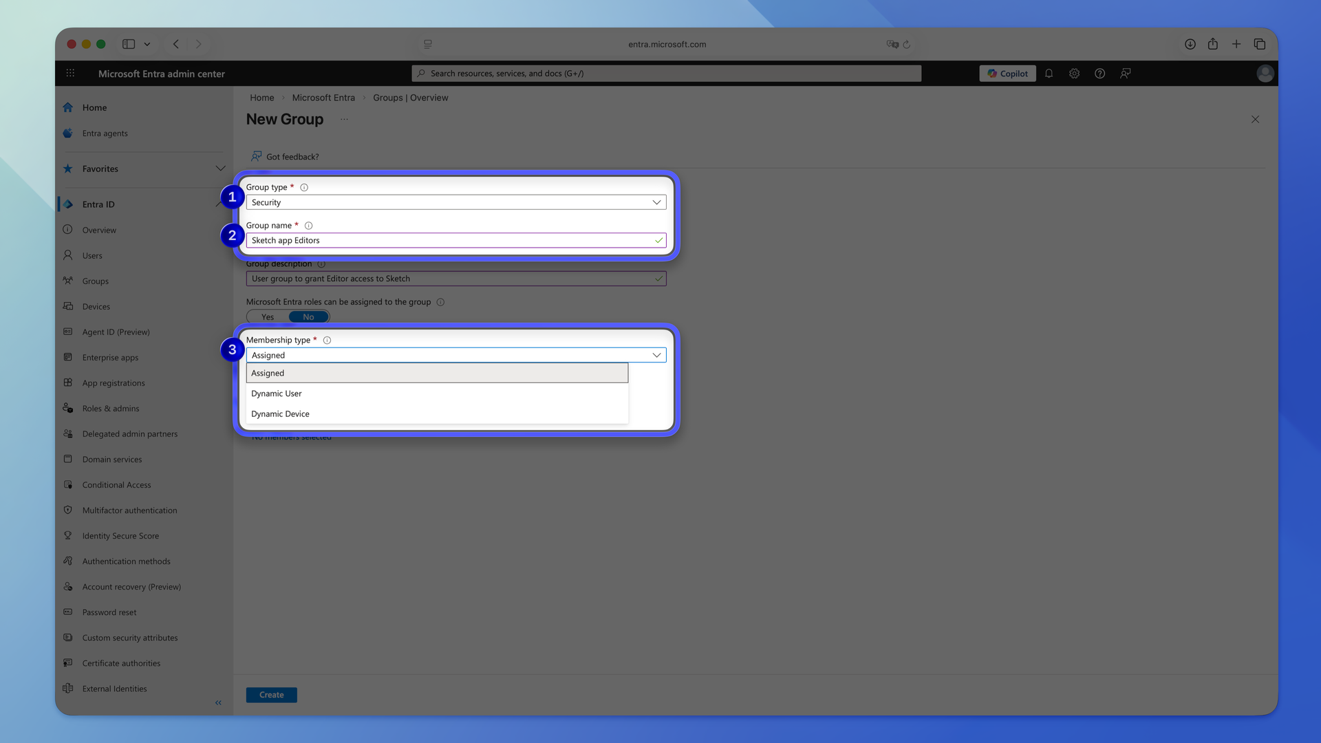 An image showing how to create security groups in Microsoft Entra ID