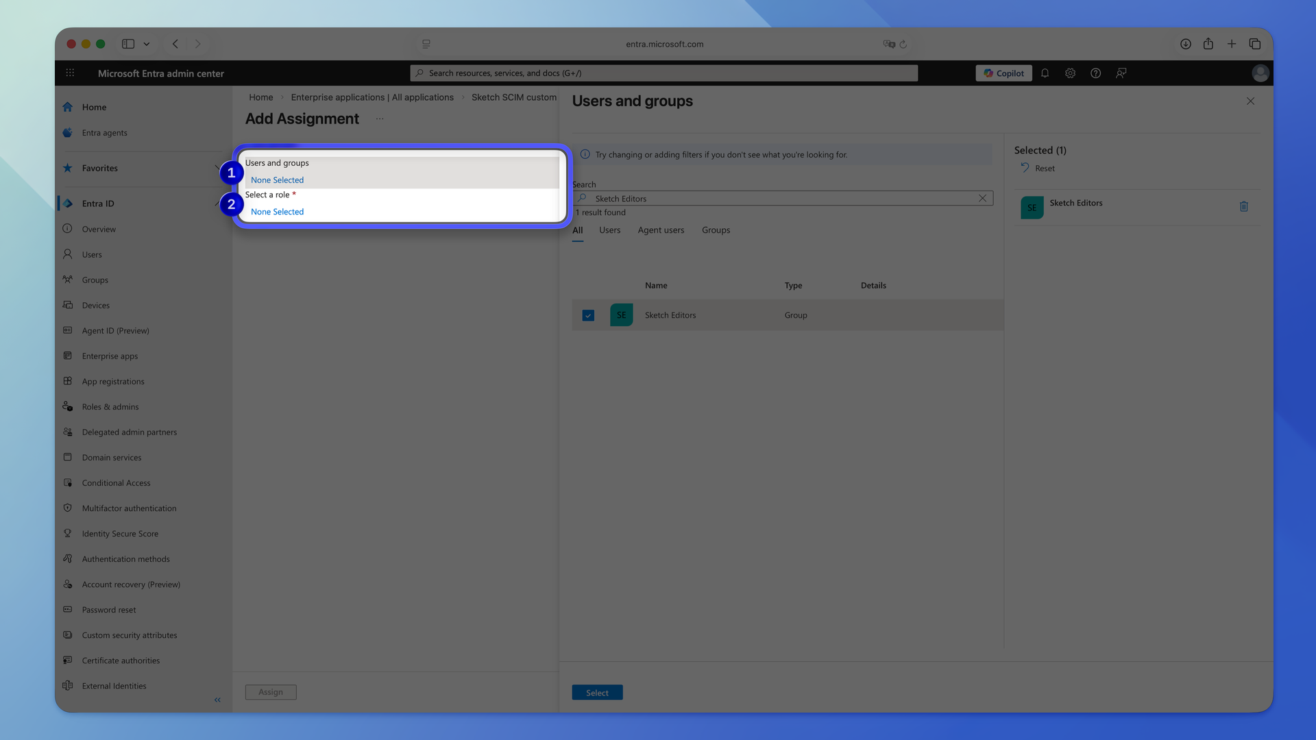 An image showing how to assign groups to the custom app in Microsoft Entra ID