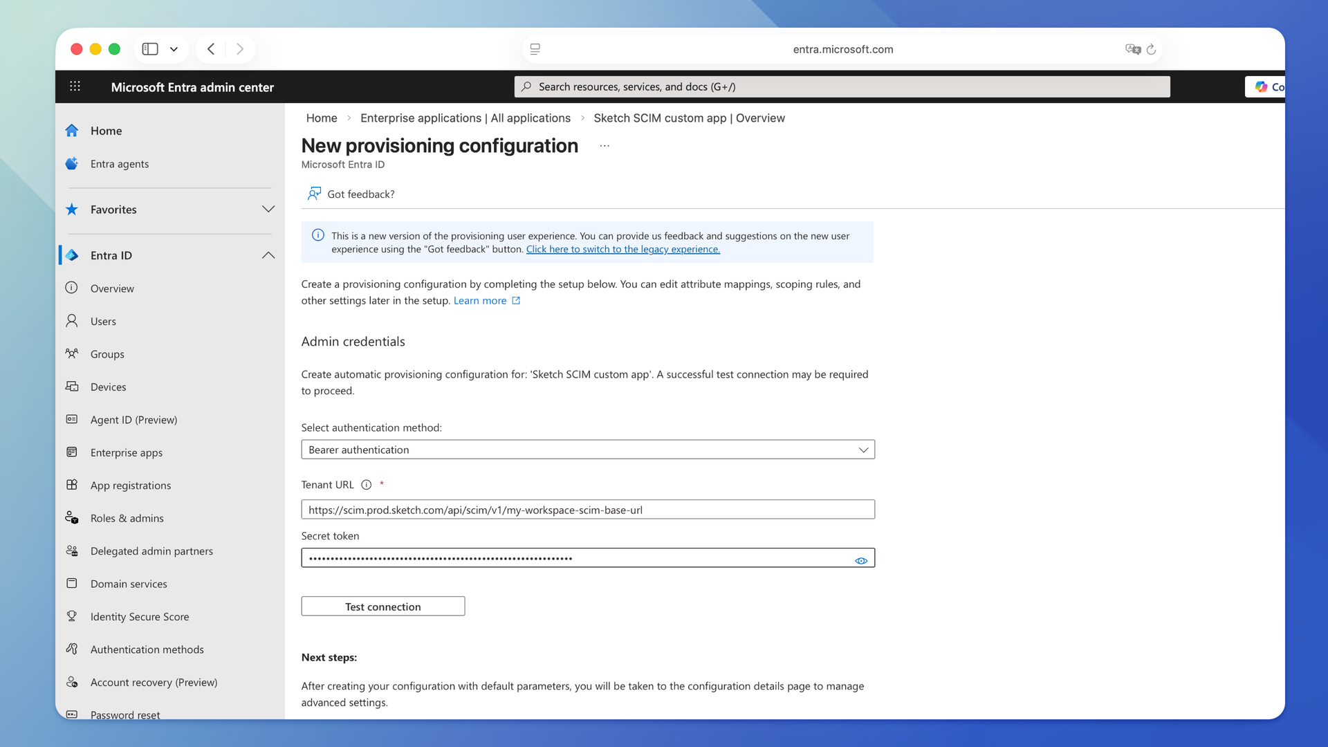 An image showing the provisioning credentials section in Microsoft Entra ID