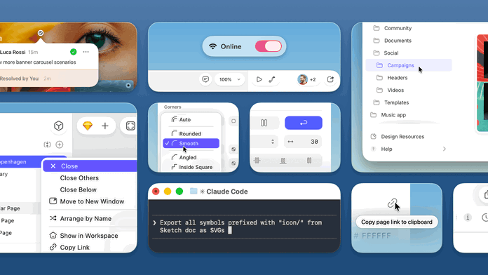 A stylized montage showing various Sketch features including collaboration comments, online/offline mode toggle, workspace folder organization, document window controls, corner style settings, Claude Code MCP integration, and link sharing tools