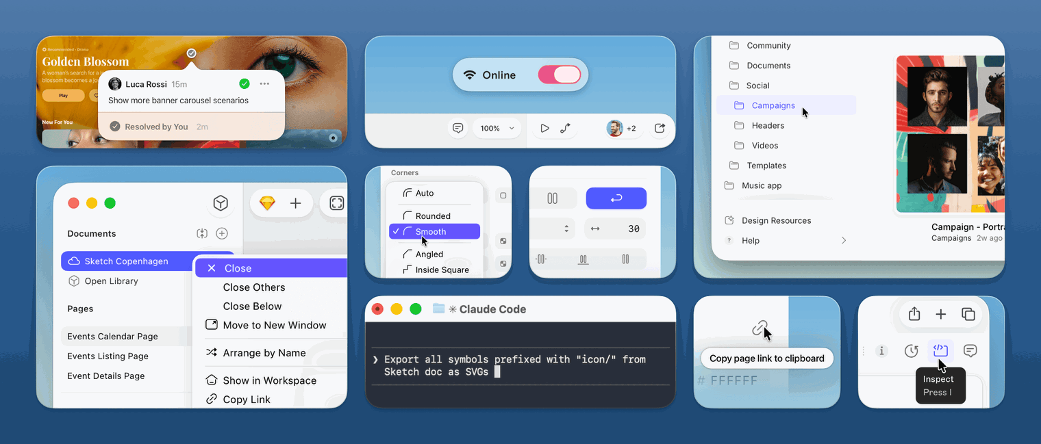 A stylized montage showing various Sketch features including collaboration comments, online/offline mode toggle, workspace folder organization, document window controls, corner style settings, Claude Code MCP integration, and link sharing tools