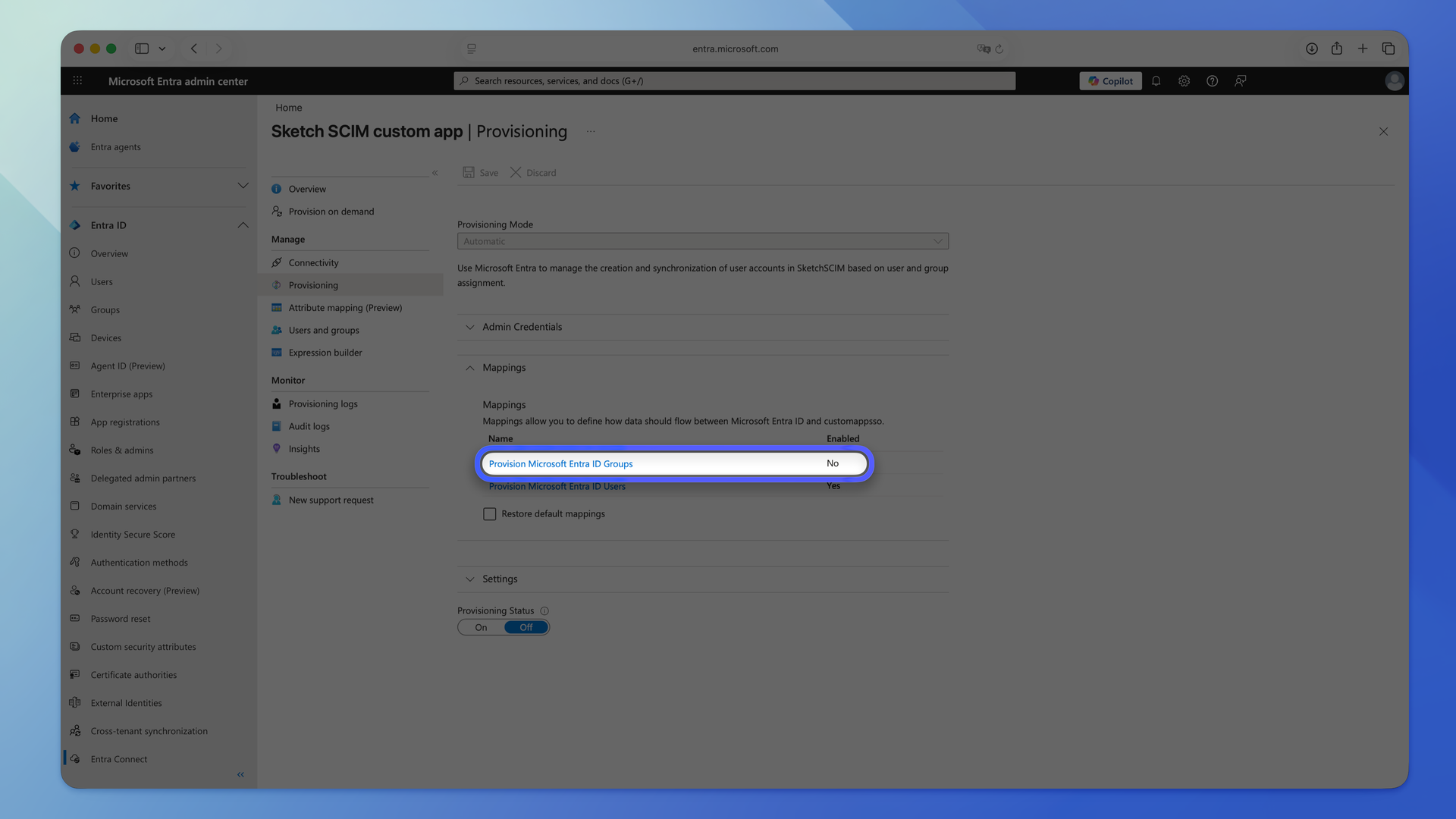 An image showing how to disable group provisioning in Microsoft Entra ID