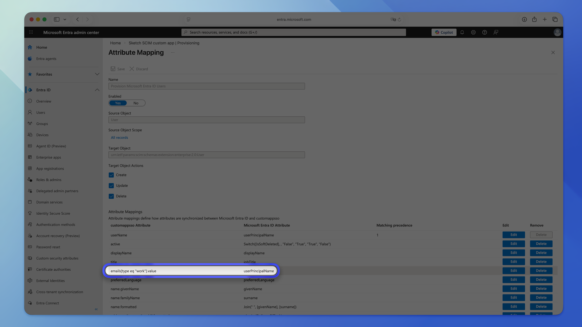An image showing the SCIM attribute mappings in Microsoft Entra ID