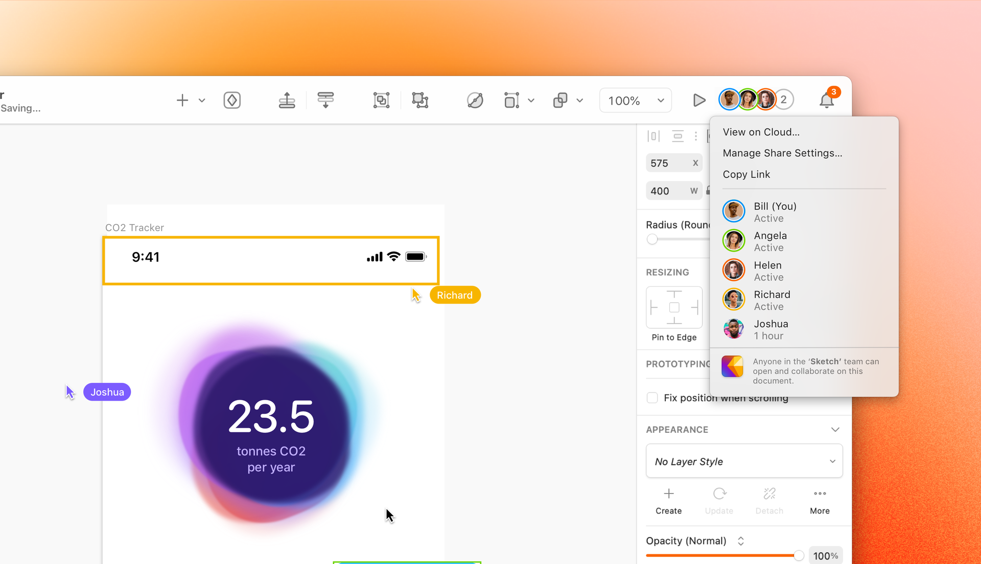 Image showing the collaboration menu featuring different users in the session in different colors.