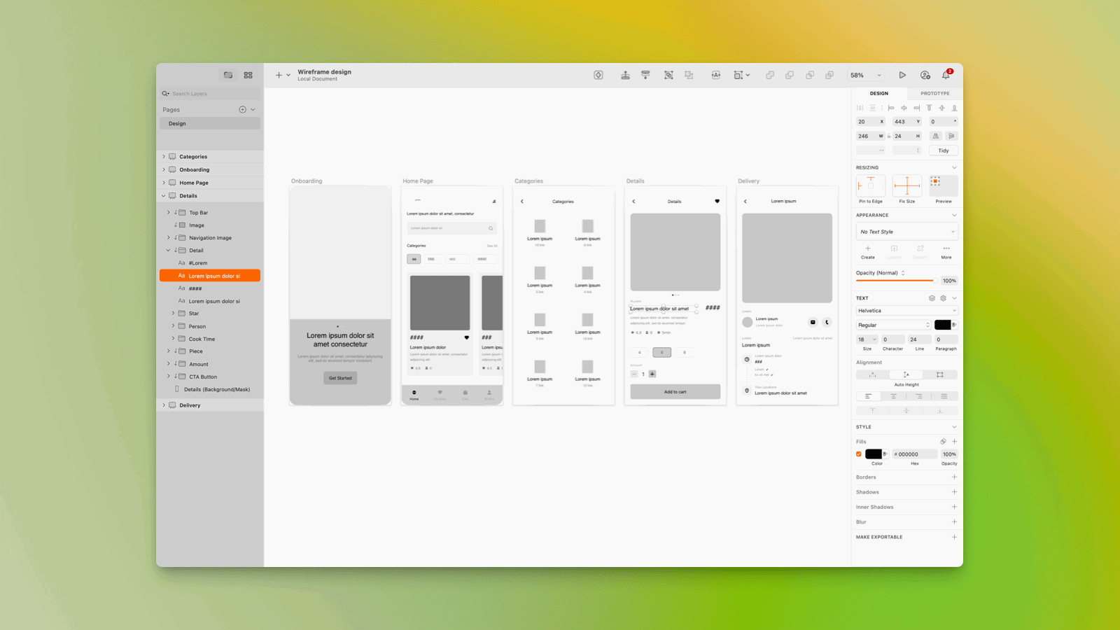 Screenshot of wireframes made in Sketch