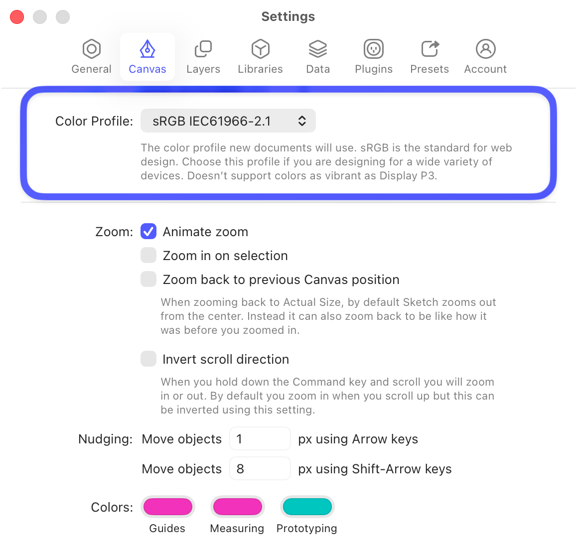 An image showing where to change the default color profile in the Canvas settings panel