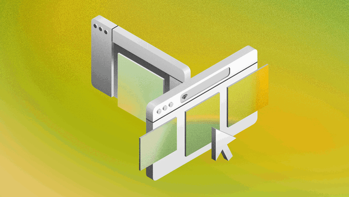 Illustrated image of two Mac windows at perpendicular angles on a green background