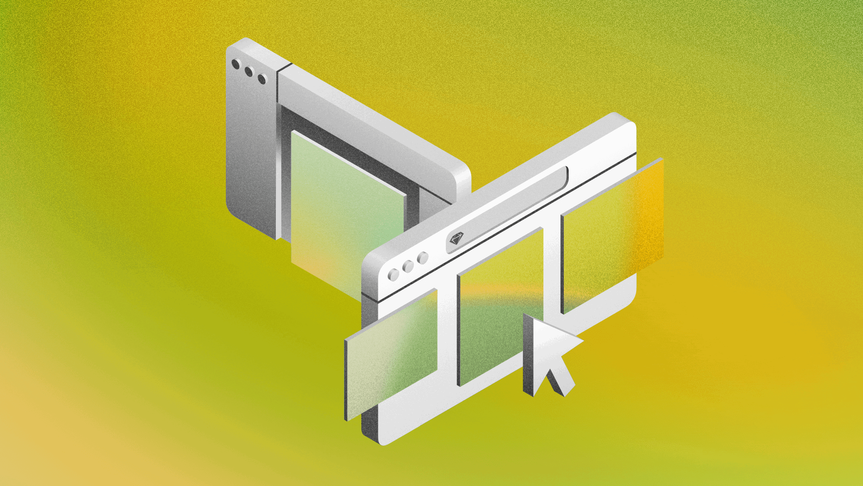 Illustrated image of two Mac windows at perpendicular angles on a green background