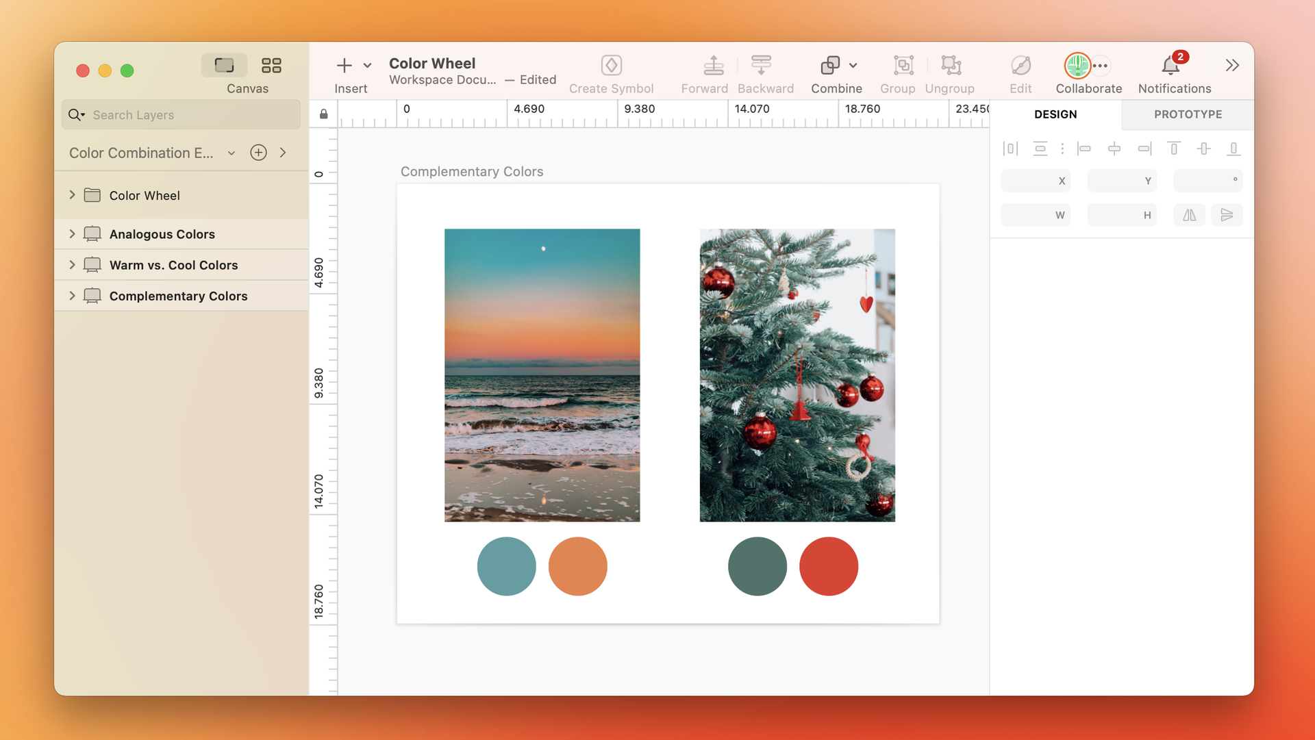 An image showing complementary colors in a sunset and in a Christmas tree.