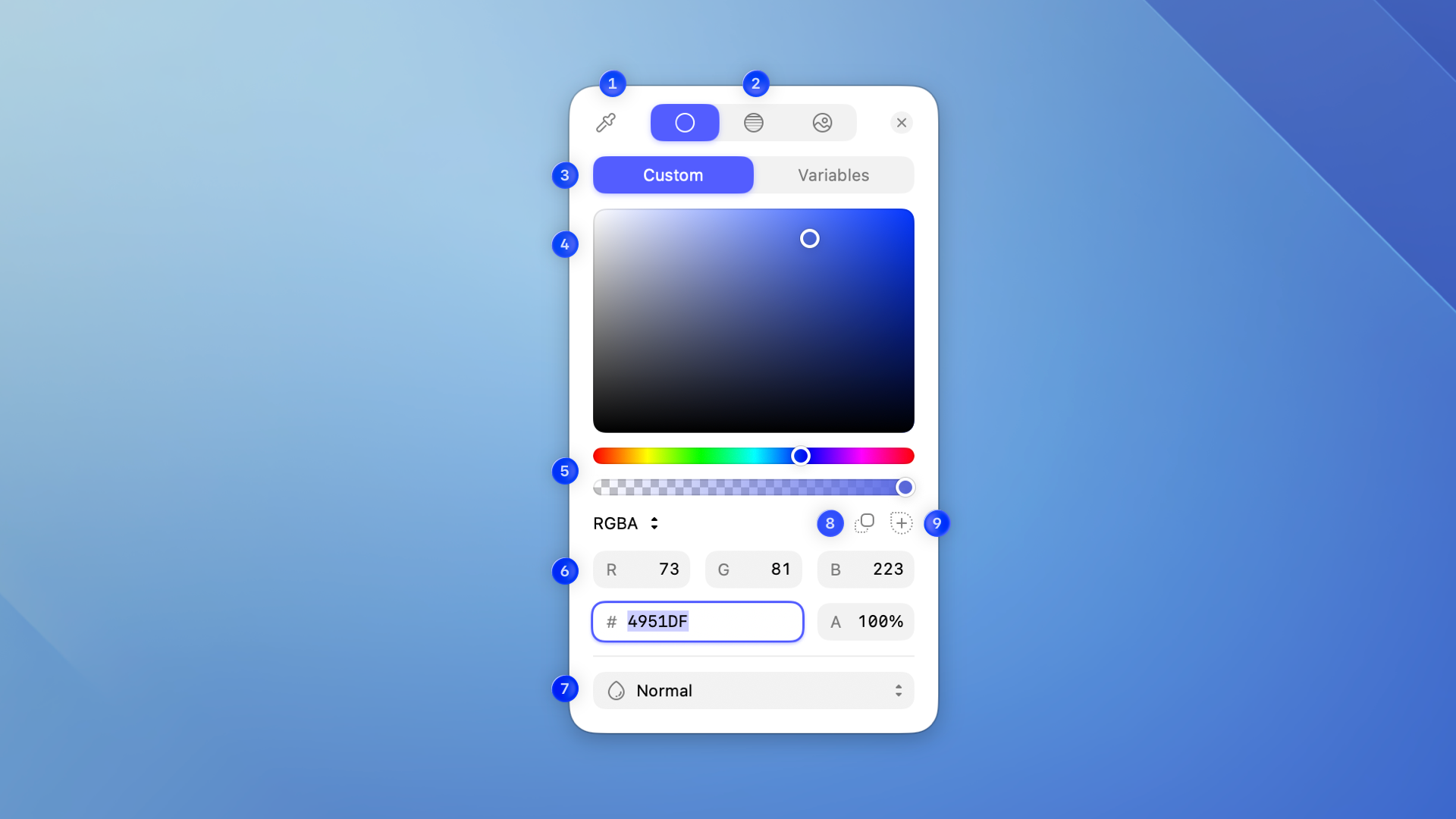 An annotated image showing the color panel controls and options