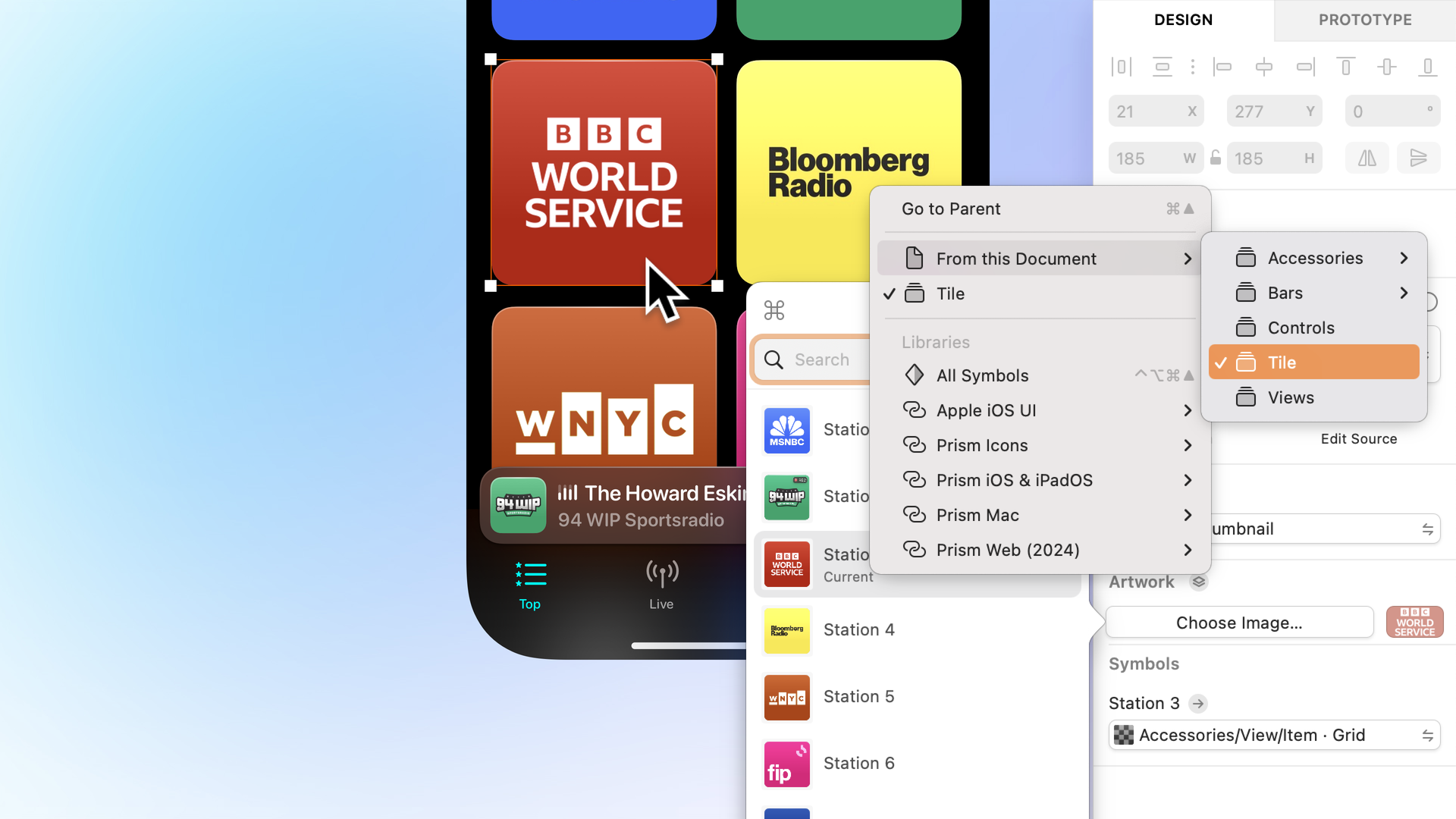 The Component replace popover is open, with the Library picker menu layered on top. The menu shows the selected group’s ancestry above and available Libraries below. The ‘From this Document’ submenu is open, with a subgroup item highlighted.