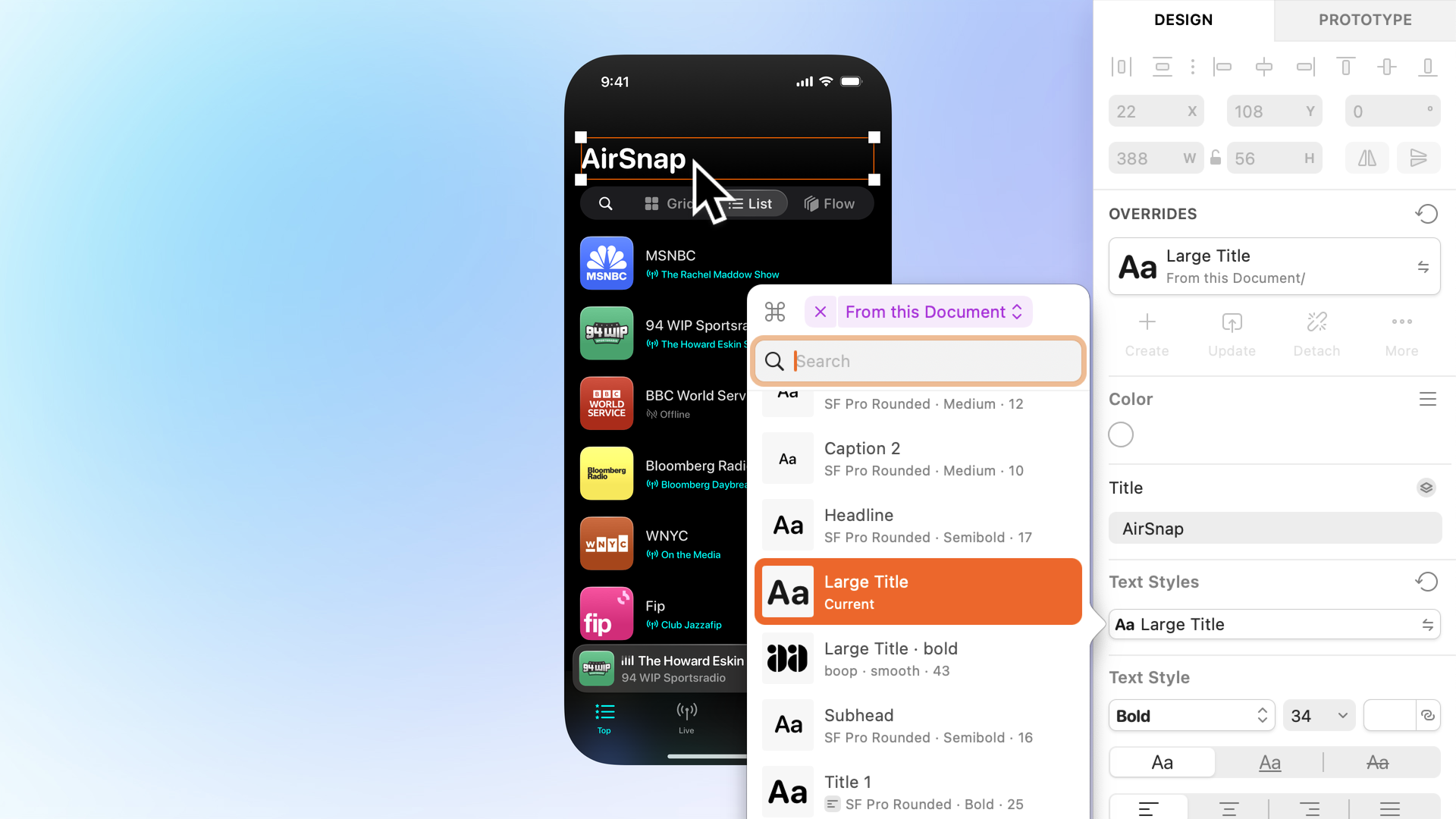 The Component replace popover open showing Text Styles. Each Text Style is a row with a small ‘Aa’-style preview to the left, and its name, font, size, and alignment to the right.