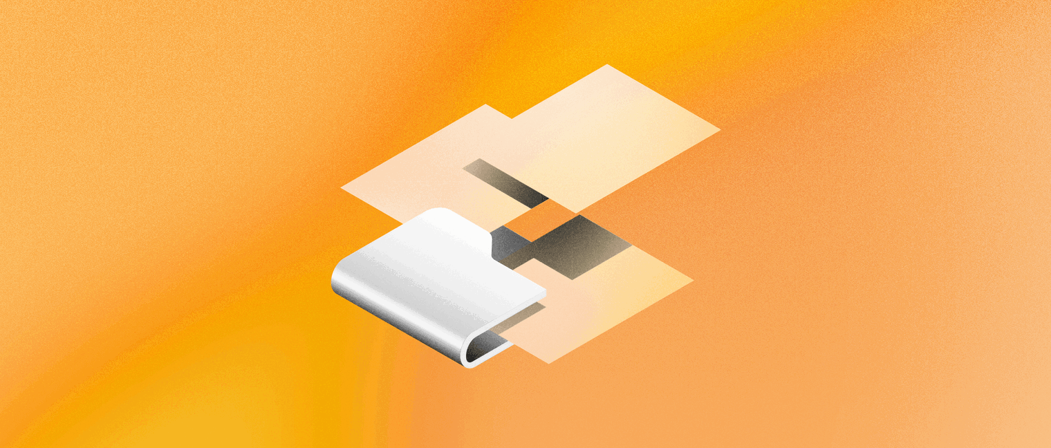 A 3D illustration of some computer files floating over a folder, on a yellow background