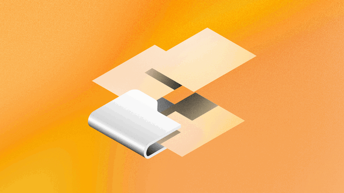 A 3D illustration of some computer files floating over a folder, on a yellow background