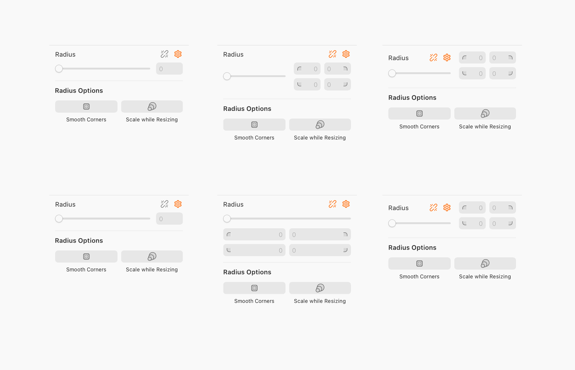 An image showing previous iterations of the Inspector Corner settings in the Mac app.