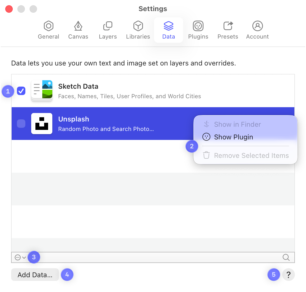 An annotated image showing the Data tab in Settings