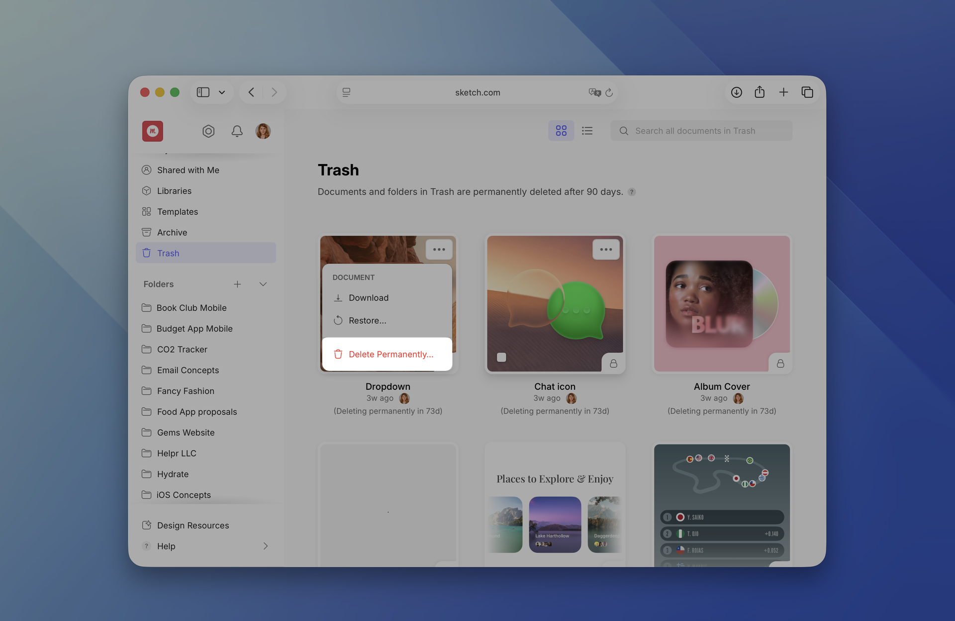 An image showing how to permanently delete a document in the web app