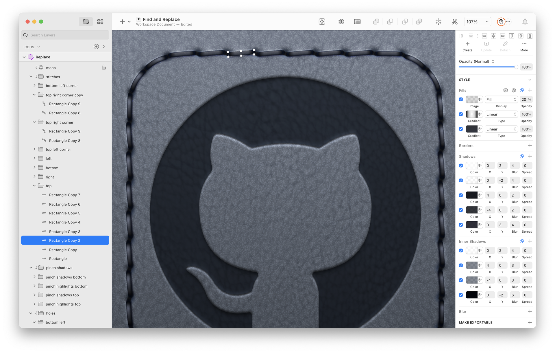 Gavin Nelson used 12 Layer Styles for each stitch in his leather-style GitHub Mobile icons
