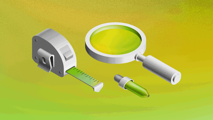A 3D illustration showing a magnifying glass, a measuring tape and a eye-dropper tool on a green background