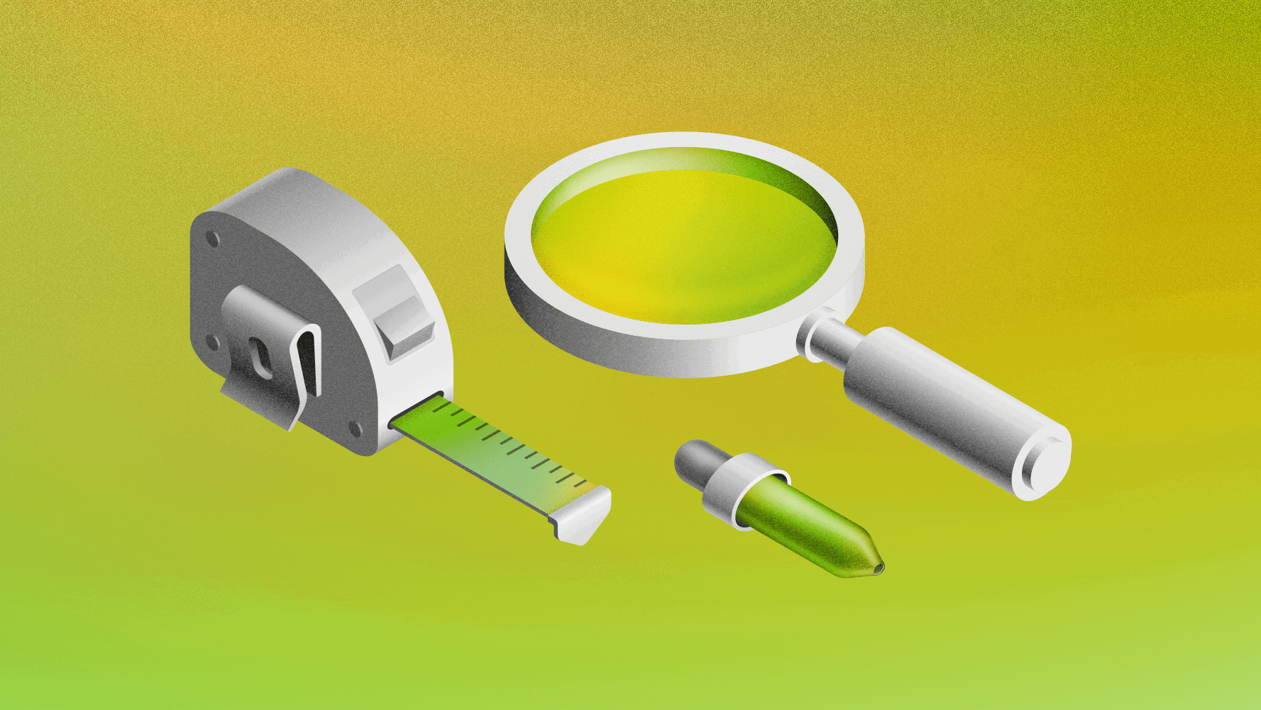 A 3D illustration showing a magnifying glass, a measuring tape and a eye-dropper tool on a green background