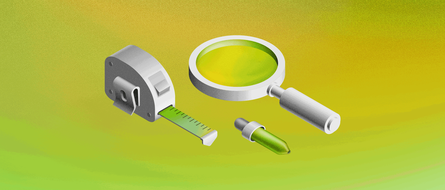 A 3D illustration showing a magnifying glass, a measuring tape and a eye-dropper tool on a green background