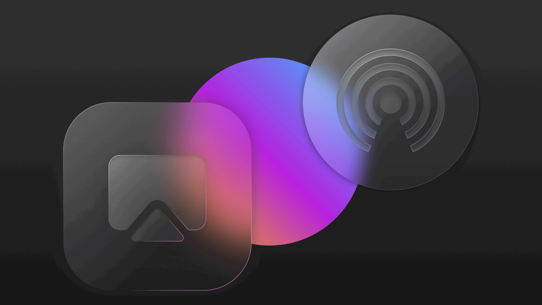 A graphic showing two glassmorphic icons overlapping a rainbow-colored oval
