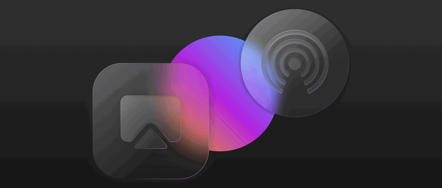 A graphic showing two glassmorphic icons overlapping a rainbow-colored oval