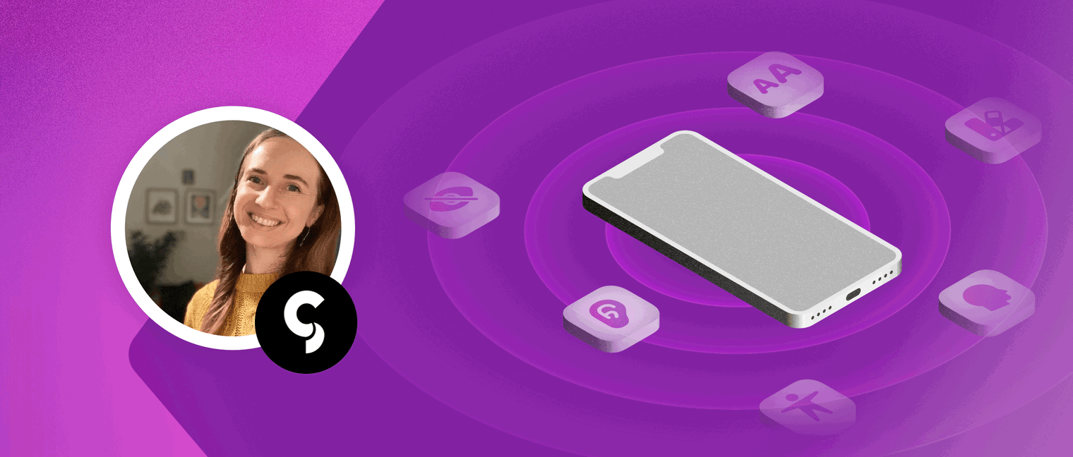 Image showing Marianka Cilliers of Glucode over an accessibility app on a purple background.