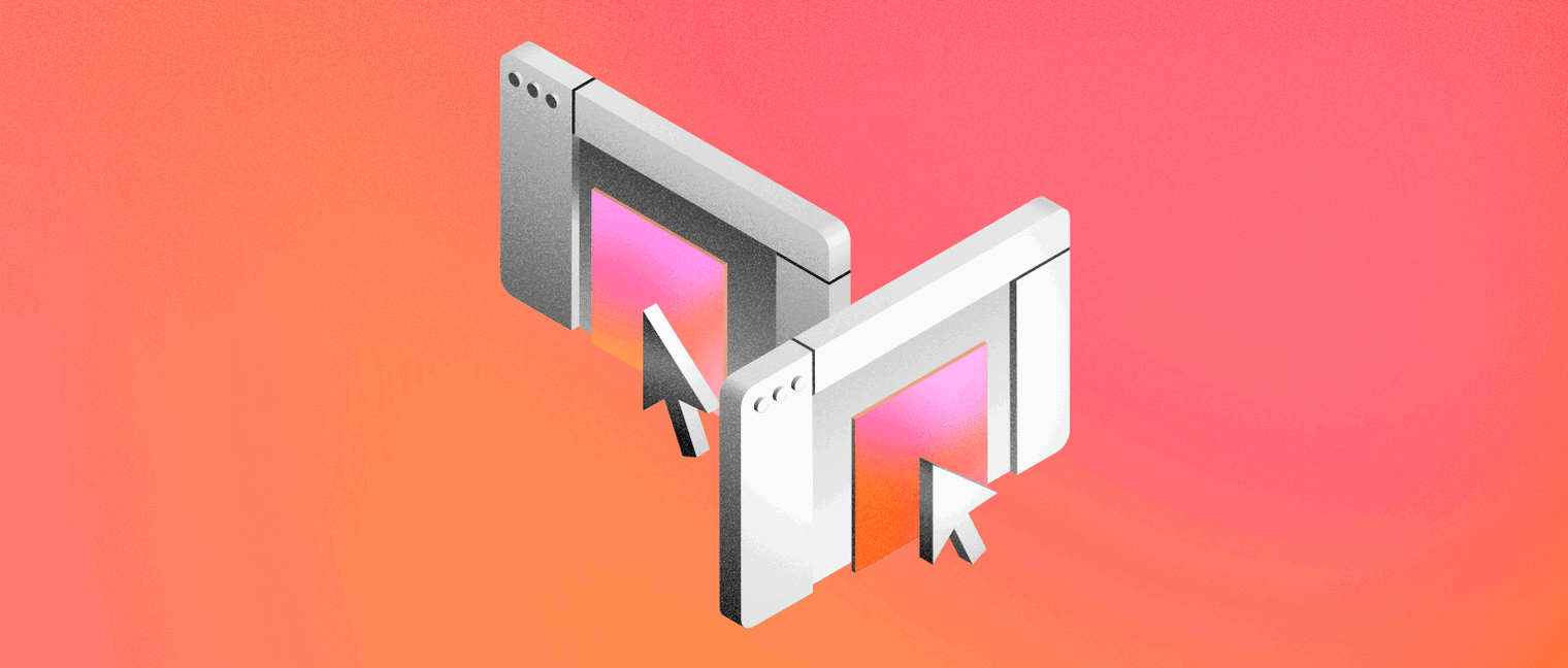An illustrated image with two three-dimensional windows sitting perpendicular to each other, on a coral-colored background