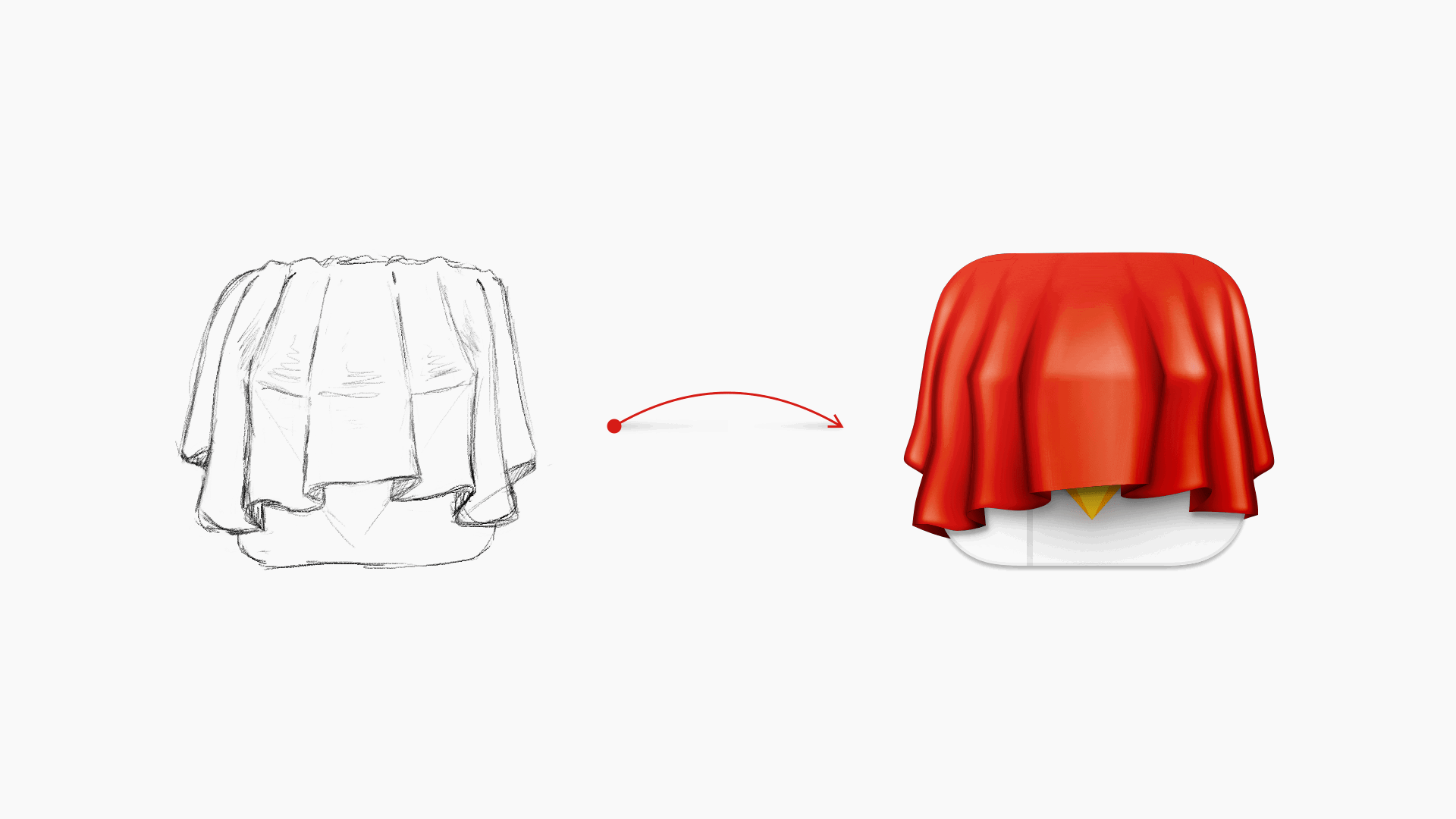 An image of an early sketch of a diamond icon covered by a cloth, next to the finished version of the icon we now use for our Private build.