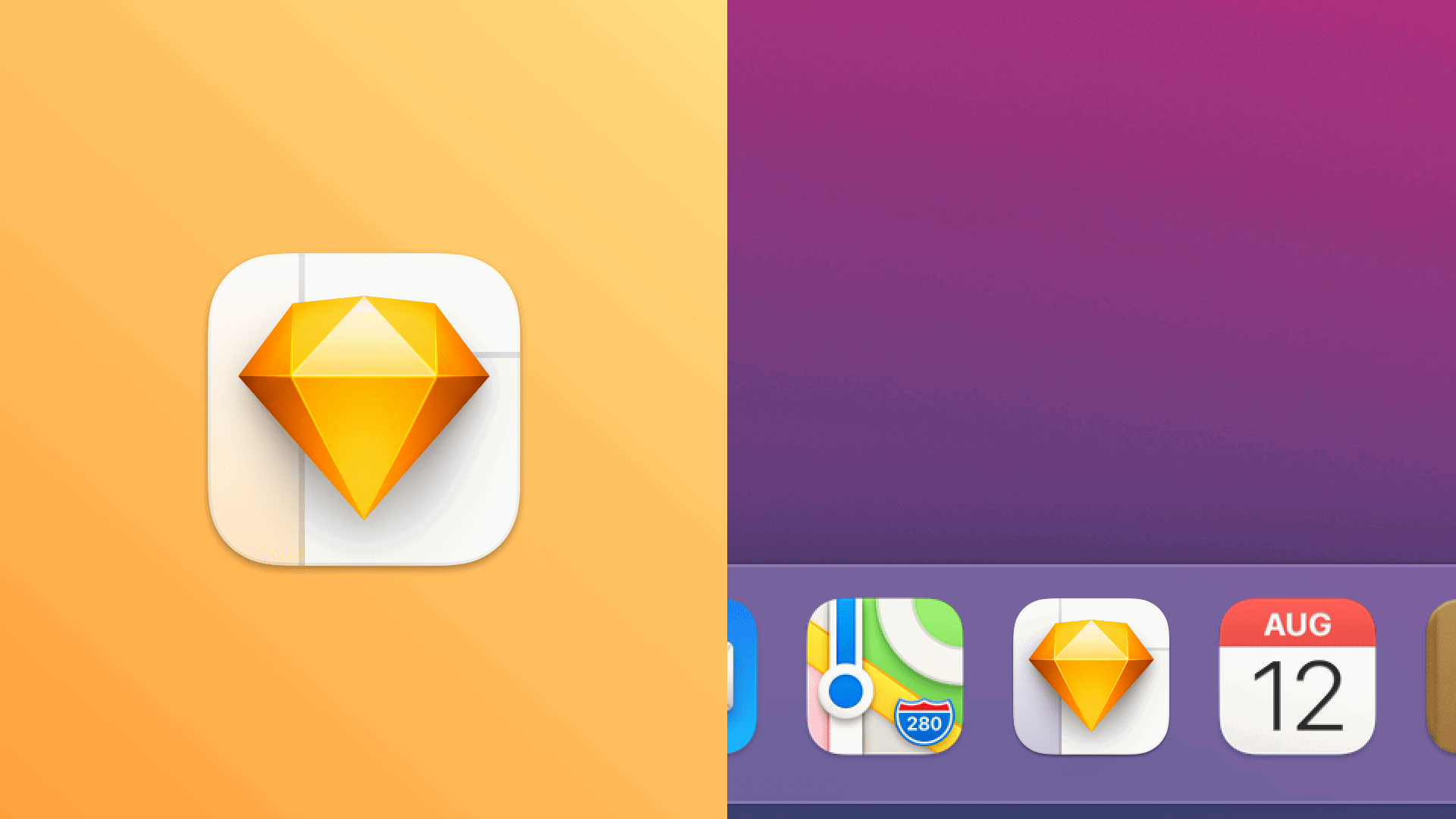 The final icon, shown on the left standing on its own, and on the right in a macOS Dock