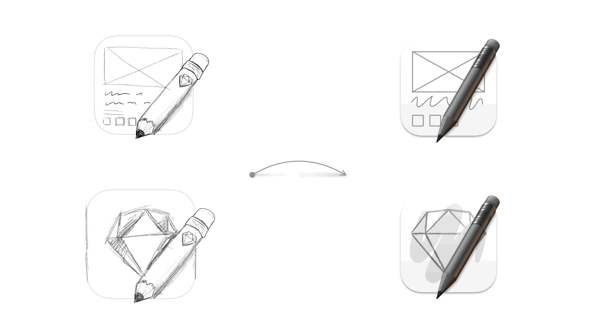 An image showing some initial ideas of icons with pencils overlaid on rectangles, with vector versions of these ideas next to them.