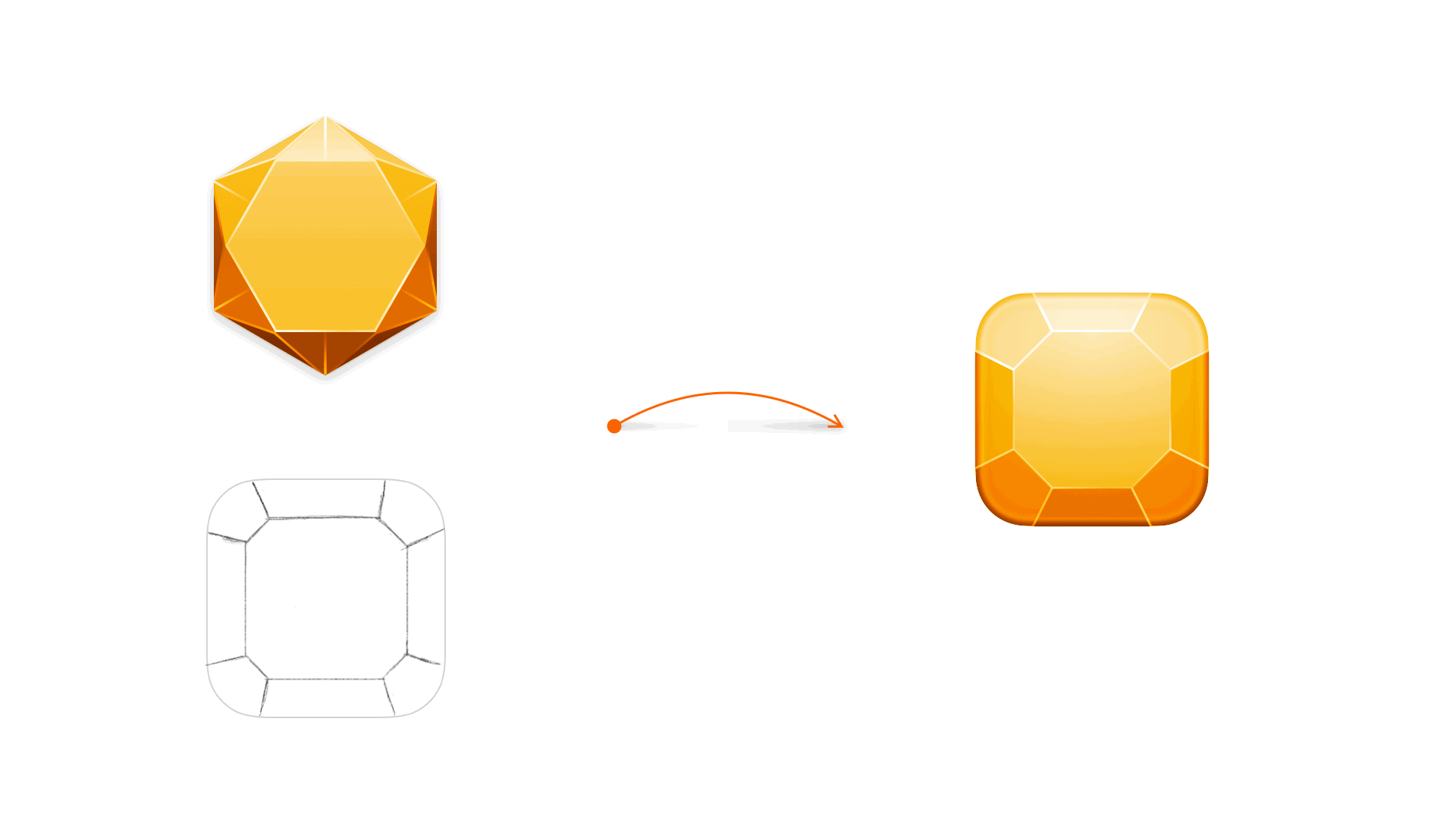 An imagine showing a top-down reimagining of the Sketch diamond in an early drawing and a vector version of that drawing.